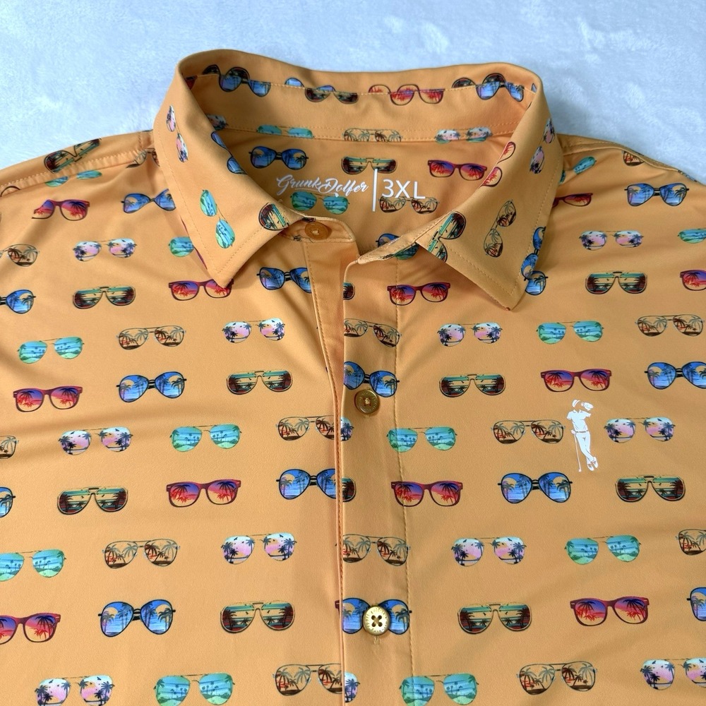Grunk Dolfer Polo Golf Shirt Mens‎ 3XL Orange Sunglasses AOP Performance